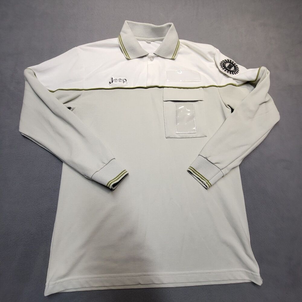 VTG Jeep Mens Polo Shirt Size S Green White UAW ID Holder Long Sleeve